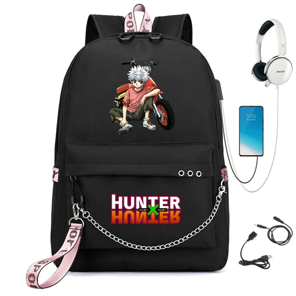 Anime Hunter Nylon Backpack Schoolbag Casual USB Charge Cartoon Teenger T