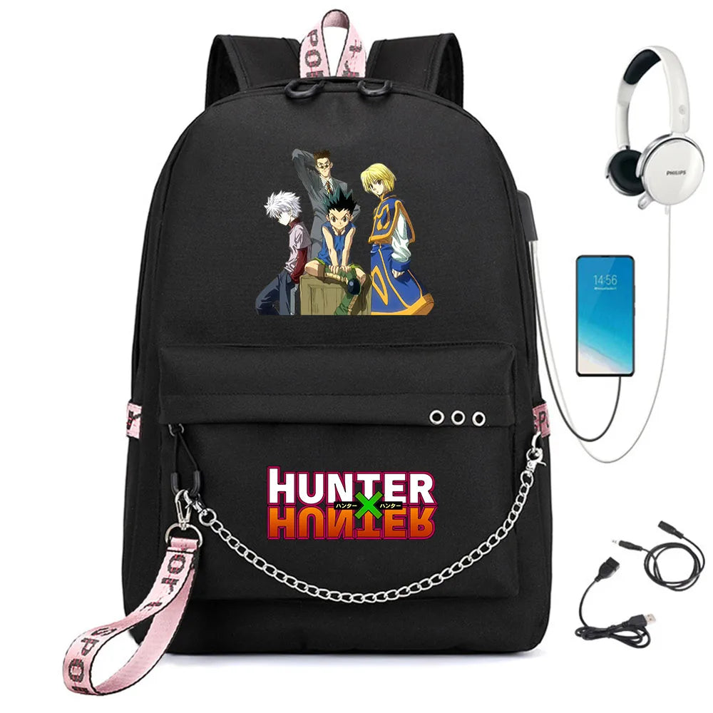 Anime Hunter Nylon Backpack Schoolbag Casual USB Charge Cartoon Teenger T