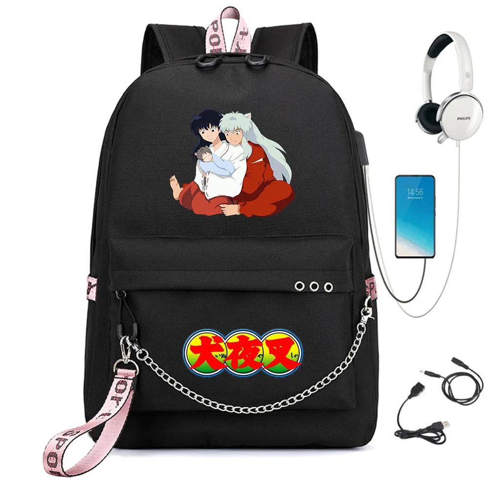 Anime Inuyasha Backpack USB Charging Headphone Unisex Schoolbag