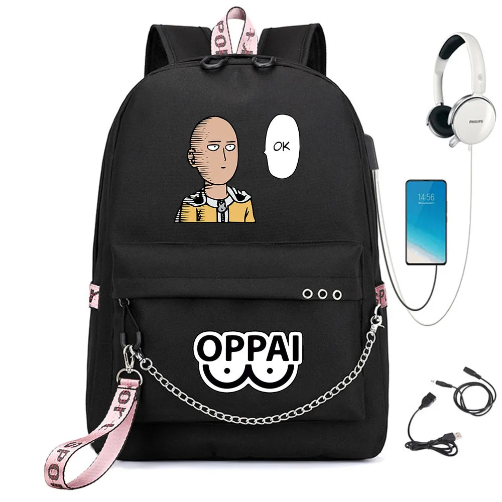 One Punch-Man Nylon Backpack USB Charge Schoolbag