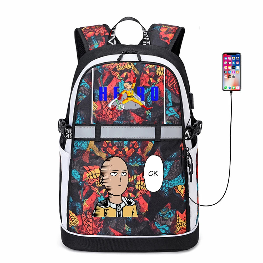 One Punch Man Student USB Backpack Reflective Stripe Bookbag