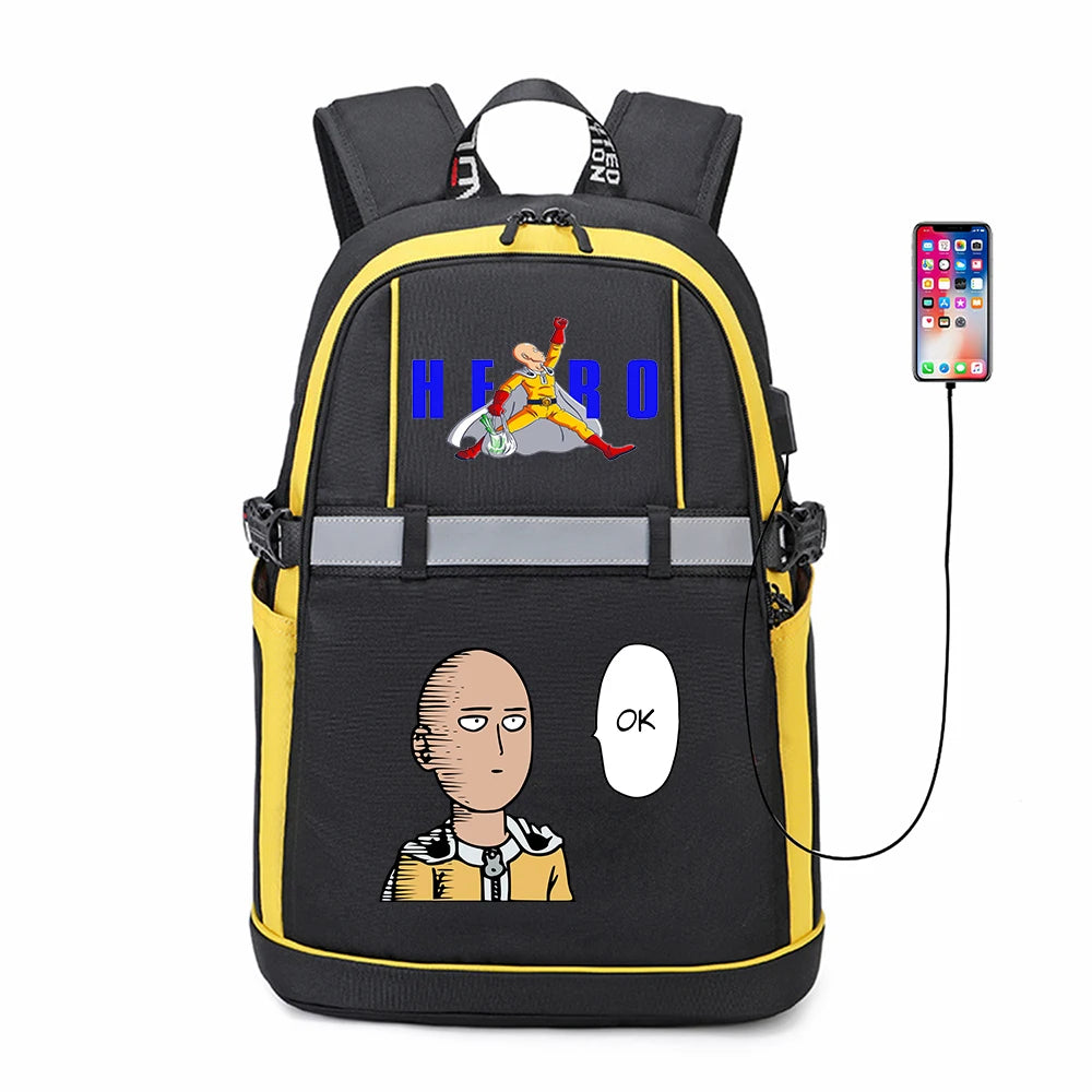 One Punch Man Student USB Backpack Reflective Stripe Bookbag