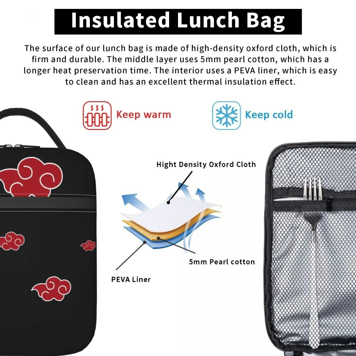 Anime Red Cloud Insulated Lunch Tote Bag for Women Konoha Akatsuki Neji