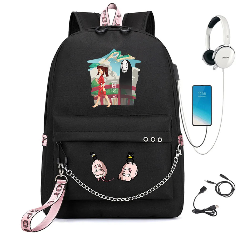 Anime Spirited Away Nylon Backpack Schoolbag with USB Charge