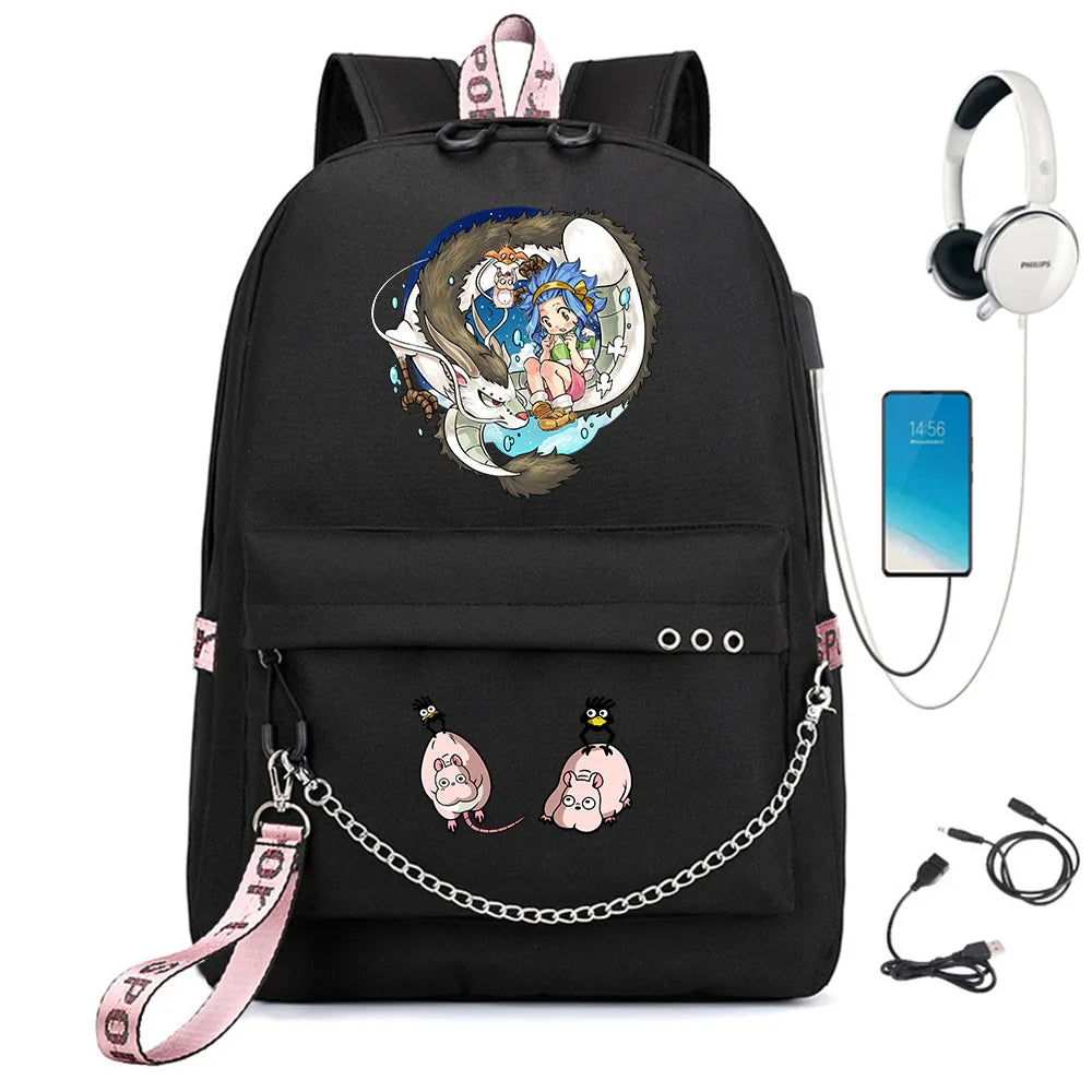 Anime Spirited Away Nylon Backpack Schoolbag with USB Charge