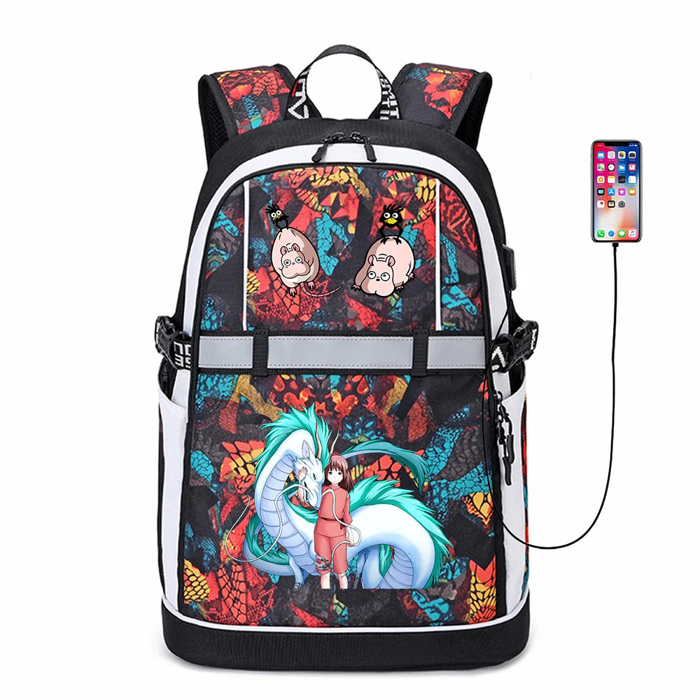 Anime Spirited Away USB Backpack Student Oxford Zipper Reflective Stripe