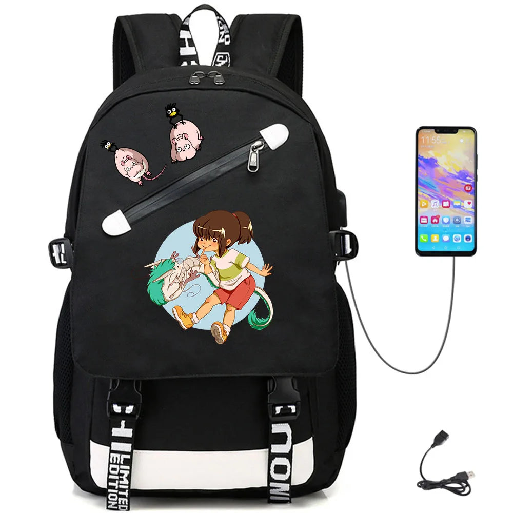 Anime Spirited Away USB Teenger Oxford Student Casual Backpack Schoolbag
