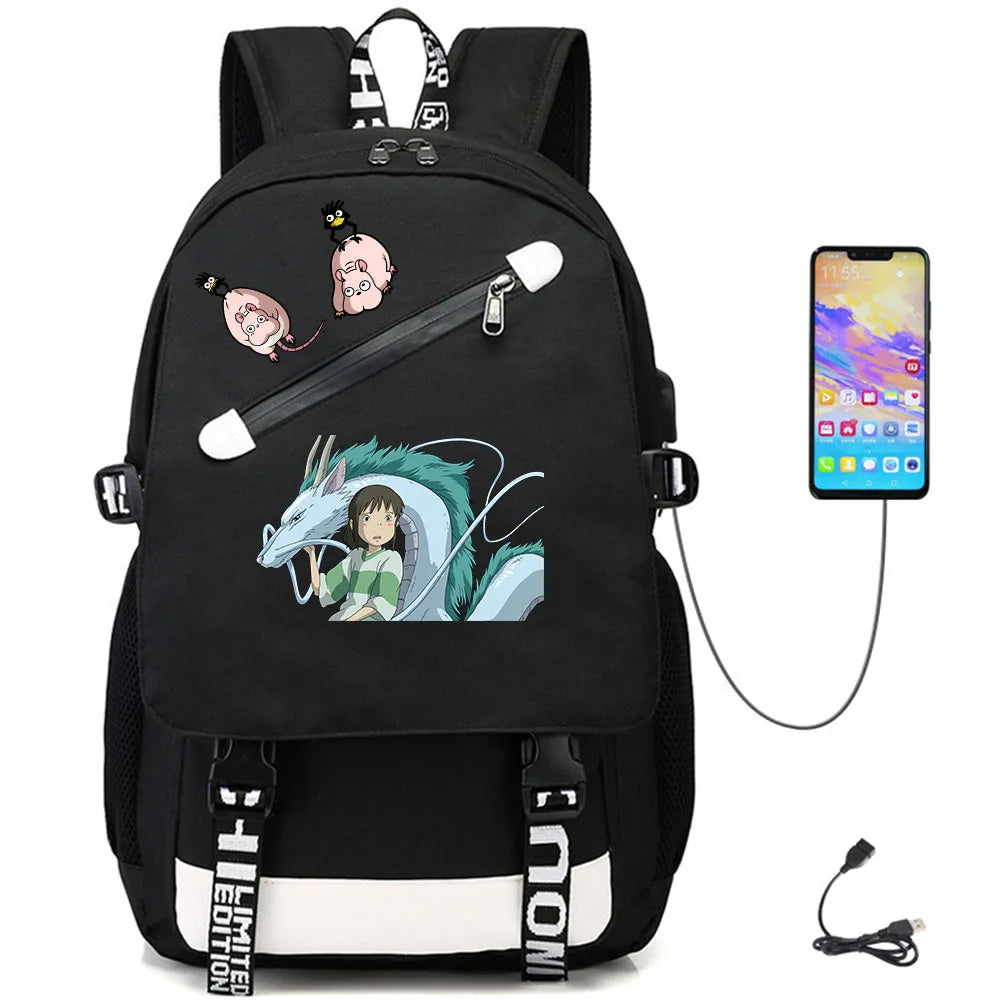 Anime Spirited Away USB Teenger Oxford Student Casual Backpack Schoolbag