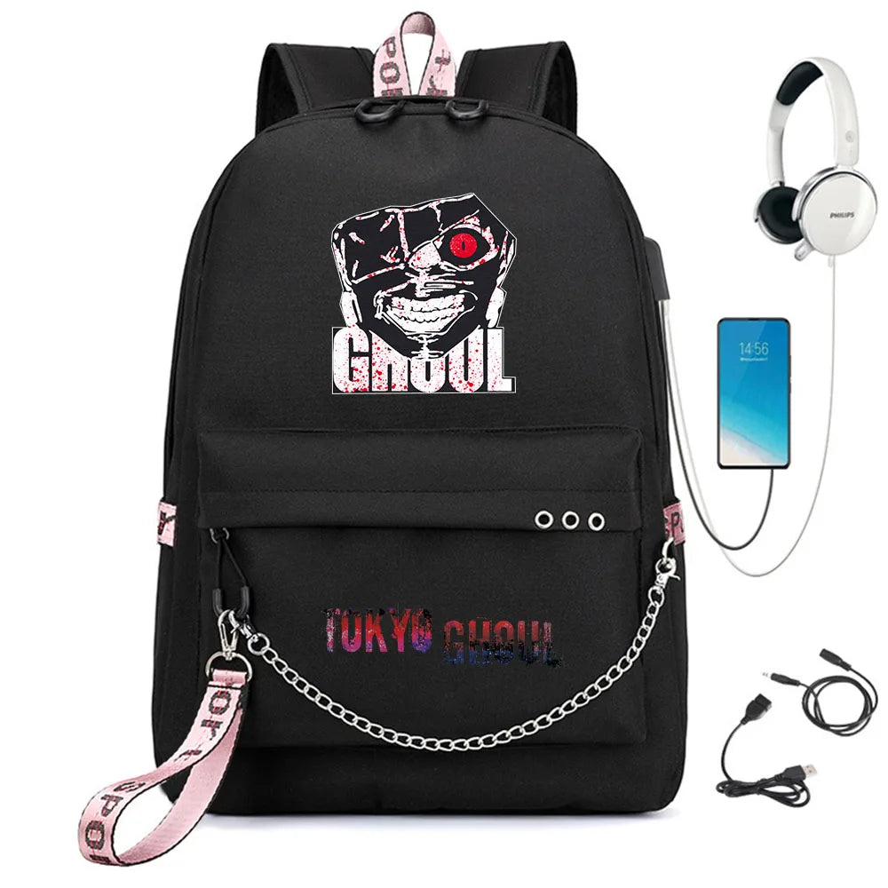 Anime Tokyo Ghoul Backpack USB Charging Headphone Student Schoolbag