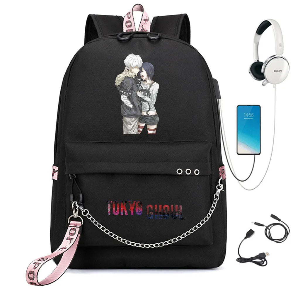 Anime Tokyo Ghoul Backpack USB Charging Headphone Student Schoolbag