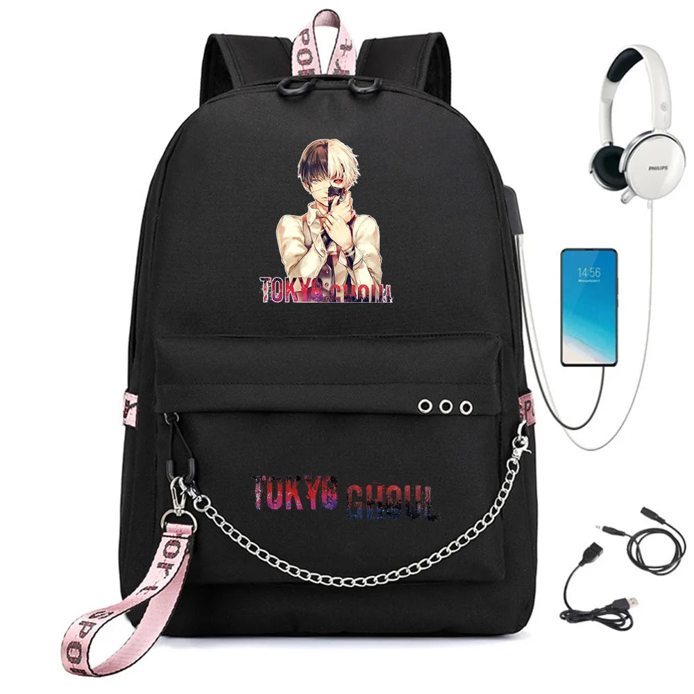 Tokyo Ghoul Nylon Backpack USB Charge Schoolbag Student Teenager Knapsack