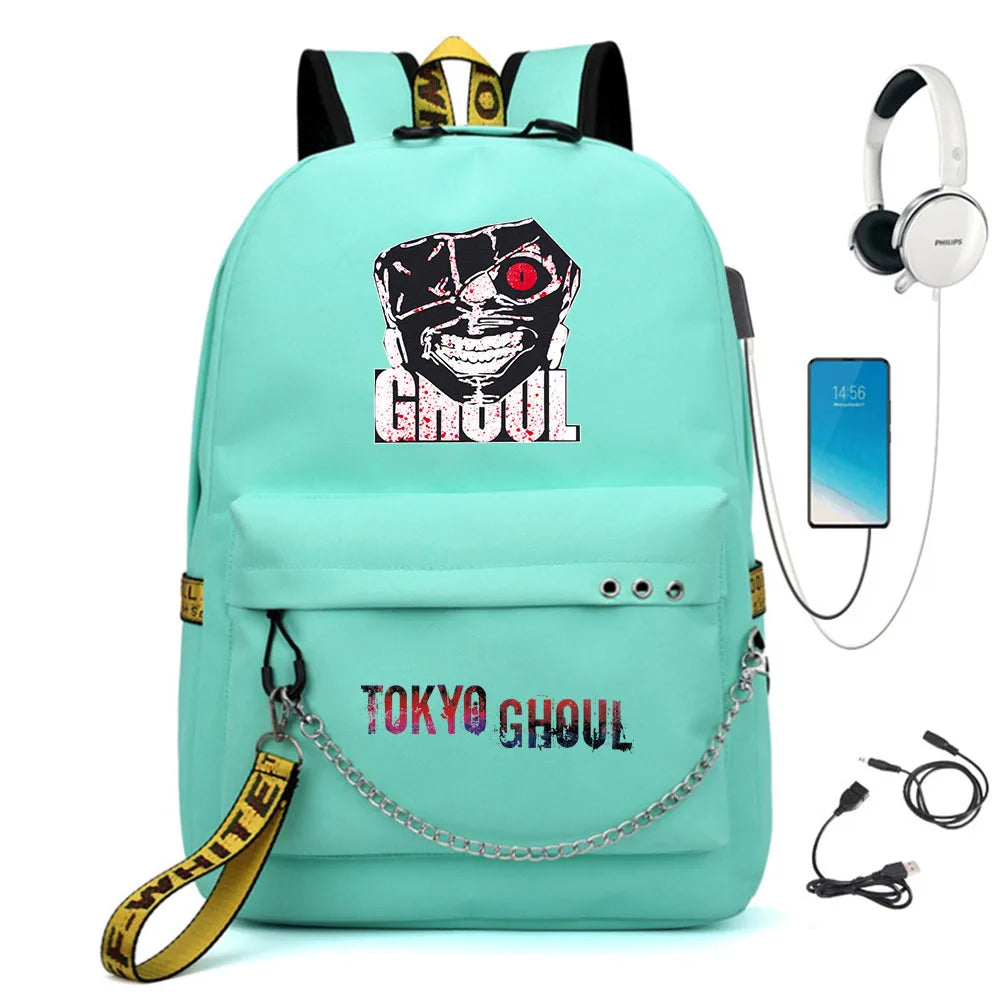 Tokyo Ghoul Nylon Backpack USB Charge Schoolbag Student Teenager Knapsack