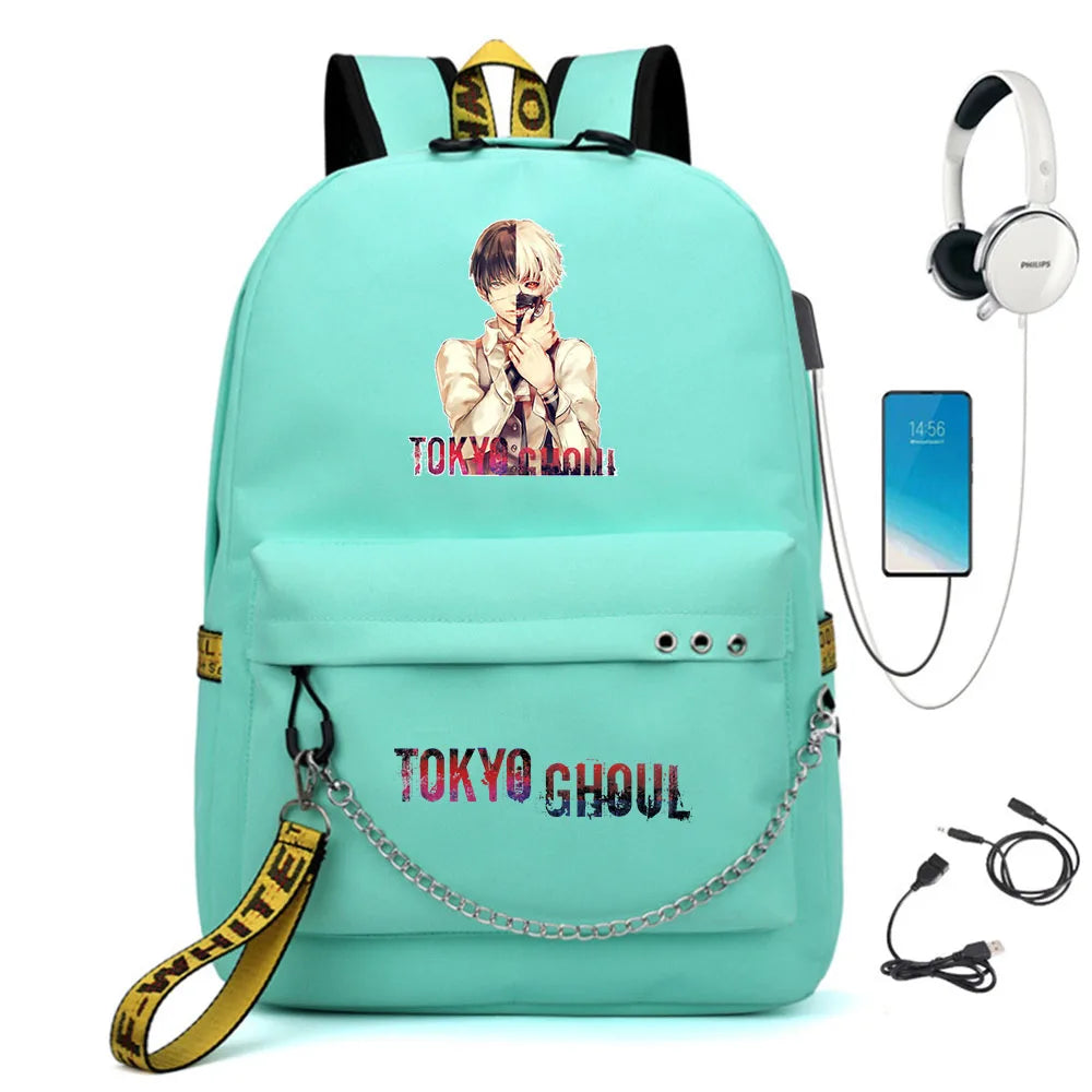 Tokyo Ghoul Nylon Backpack USB Charge Schoolbag Student Teenager Knapsack