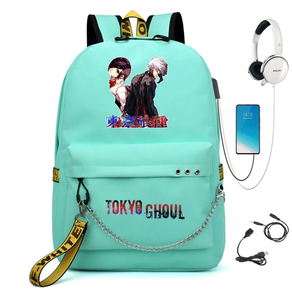 Tokyo Ghoul Nylon Backpack USB Charge Schoolbag Student Teenager Knapsack