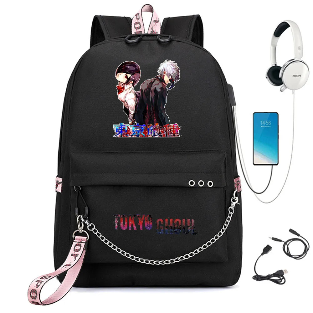 Tokyo Ghoul Nylon Backpack USB Charge Schoolbag Cartoon Teenger Travel Laptop Ba
