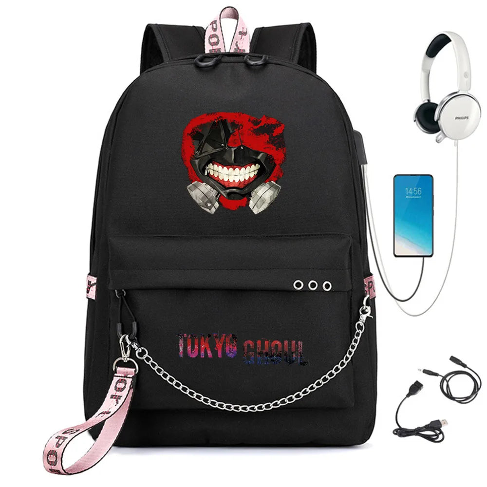 Tokyo Ghoul Nylon Backpack USB Charge Schoolbag Cartoon Teenger Travel Laptop Ba