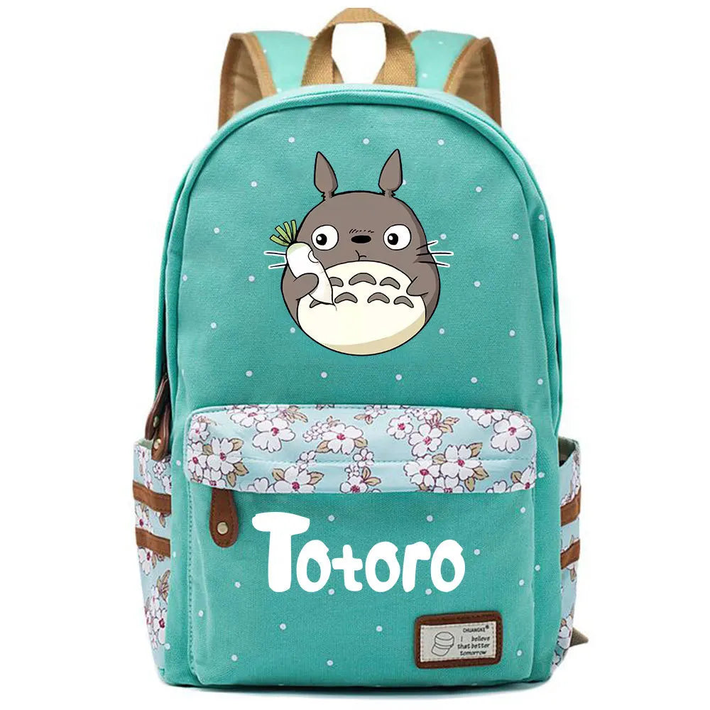 Anime Totoro Canvas Printing Backpack Student Schoolbag Green Packsack