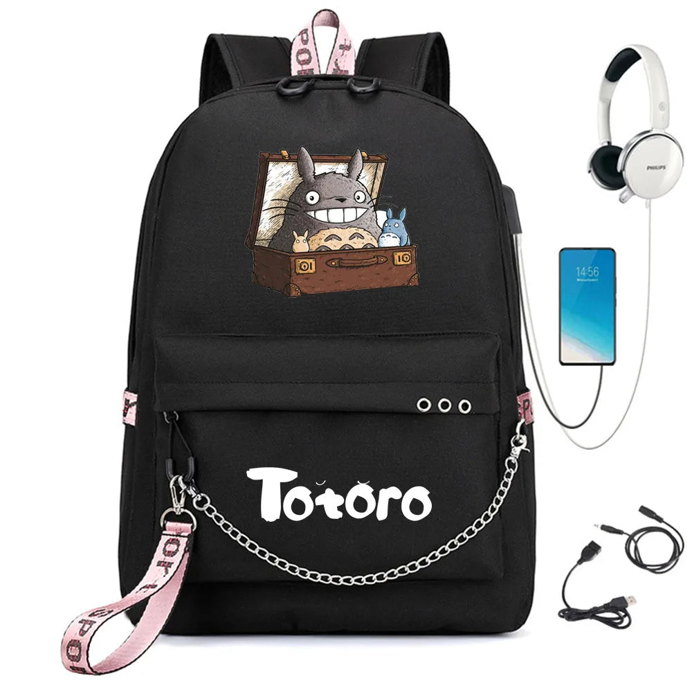 Anime Totoro Nylon Backpack Schoolbag USB Charge Teenger Travel Laptop Bag
