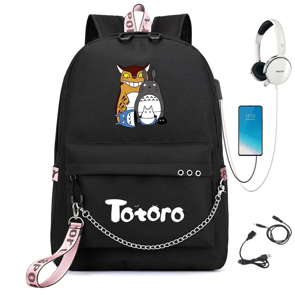 Anime Totoro Nylon Backpack Schoolbag USB Charge Teenger Travel Laptop Bag