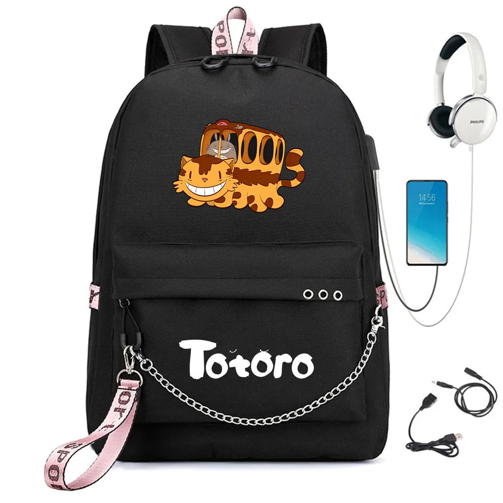 Anime Totoro Nylon Backpack Schoolbag USB Charge Teenger Travel Laptop Bag