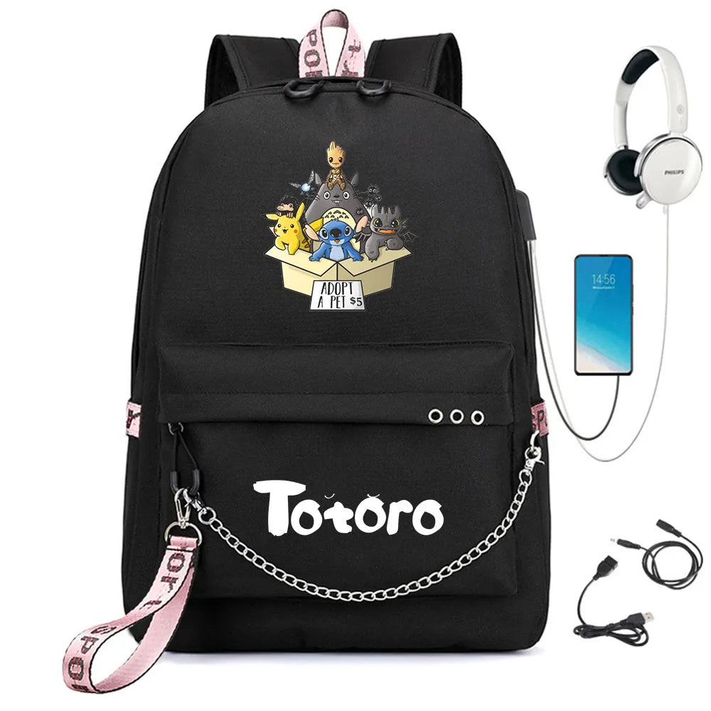 Anime Totoro Print Backpack USB Charging Headphone Zipper Cart