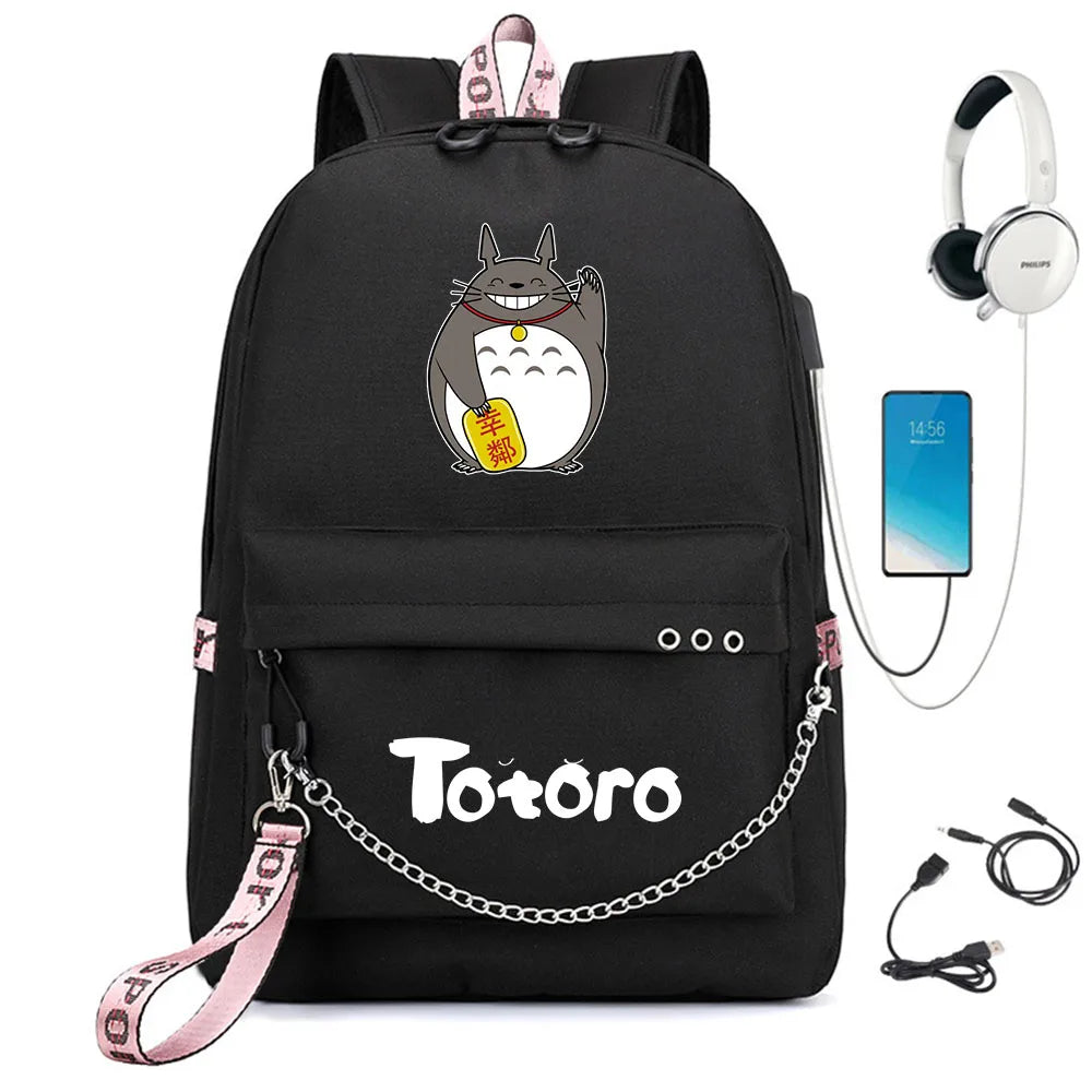 Anime Totoro Print Backpack USB Charging Headphone Zipper Cart