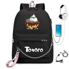 Anime Totoro Print Backpack USB Charging Headphone Zipper Cart