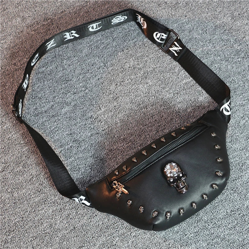Unisex Waist Bag Pu Leather Fanny Packs Punk Style Rivet Chest Bag