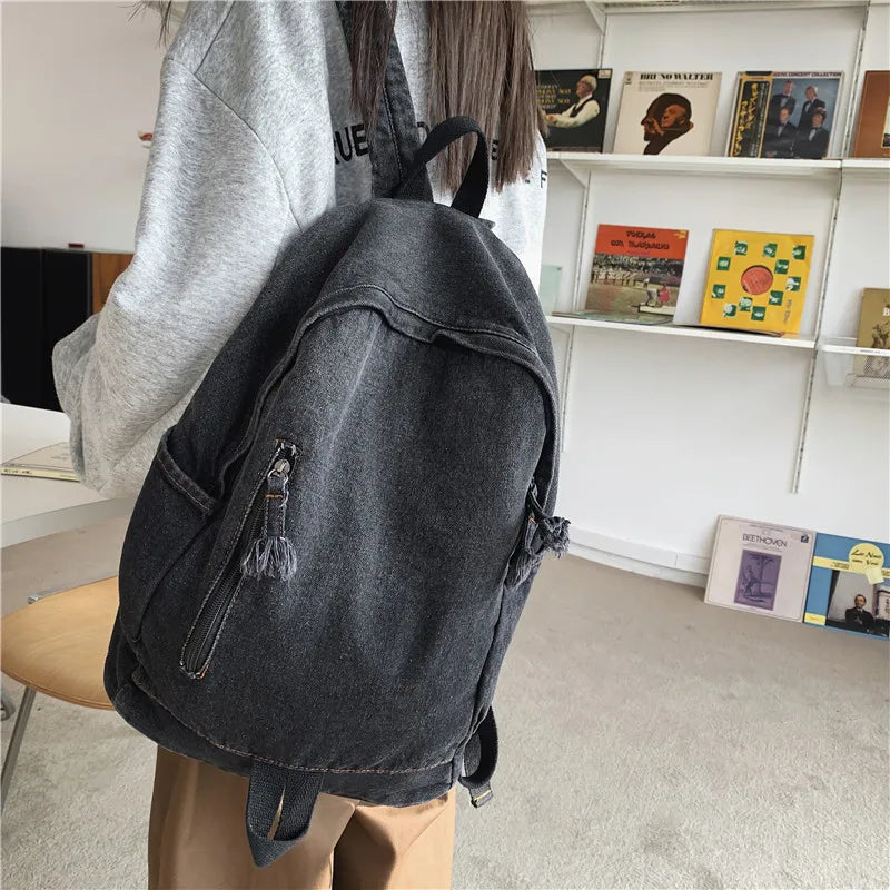 Vintage Women Backpack Denim Daypack Large Capacity Student School Book Bag