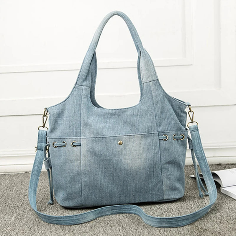 Women's Denim Tote Crossbody Bag with Multi-Pockets