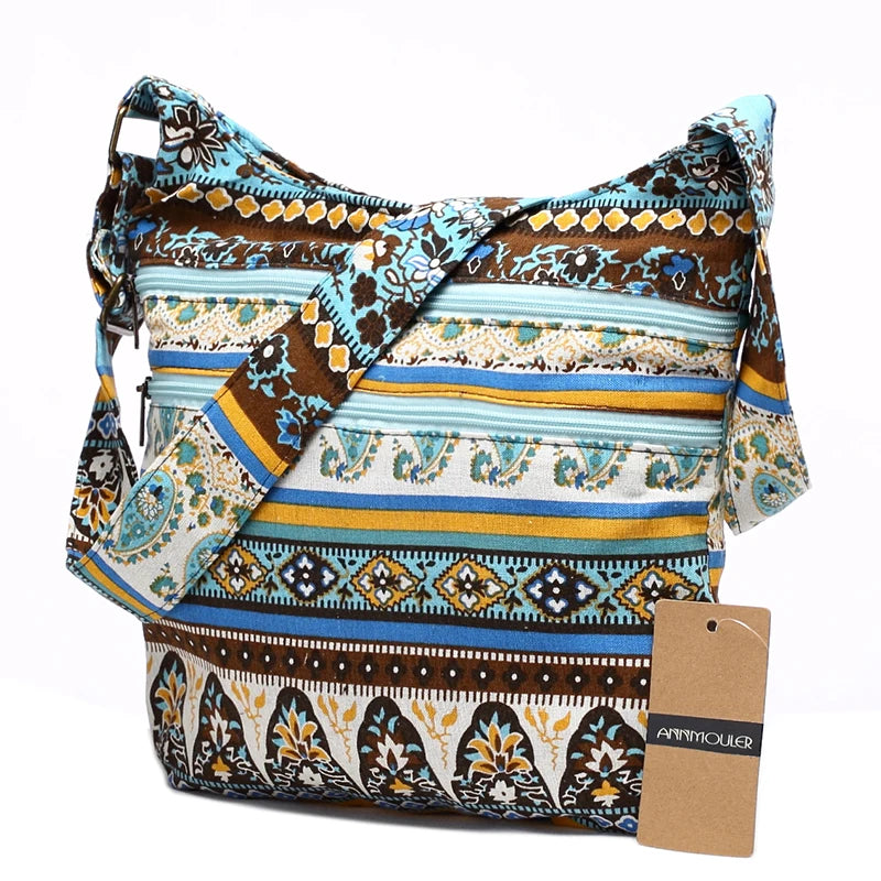 Bohemian Style Double Zipper Shoulder Bag