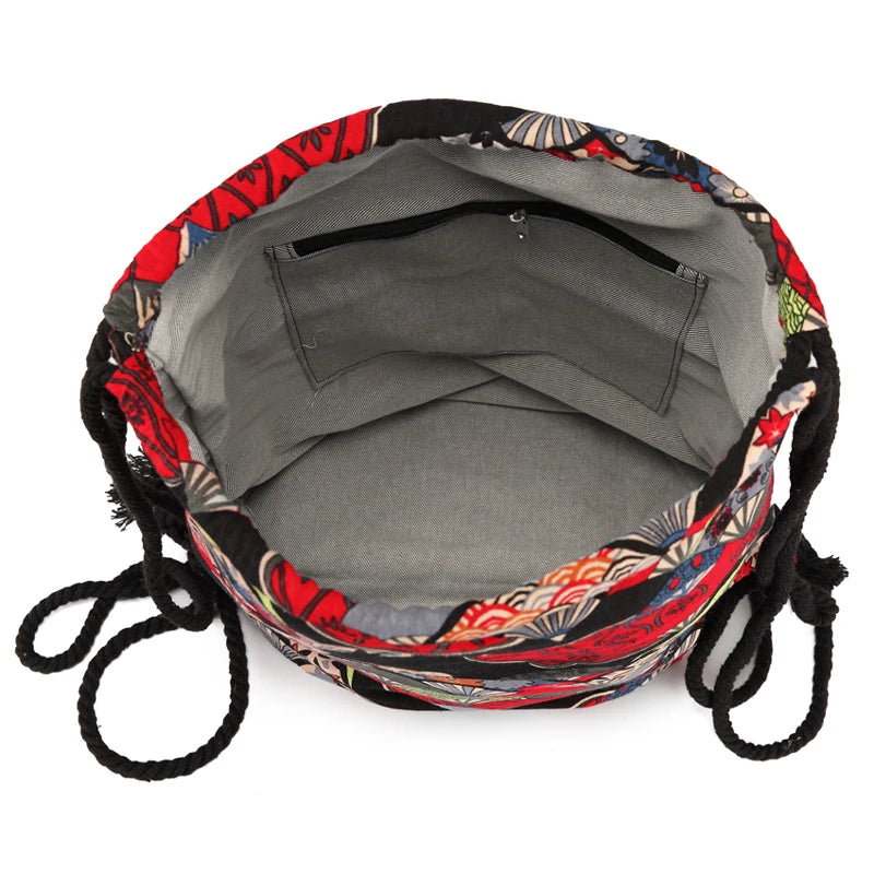 Bohemian Style Canvas Rucksack Vintage Drawstring Backpack