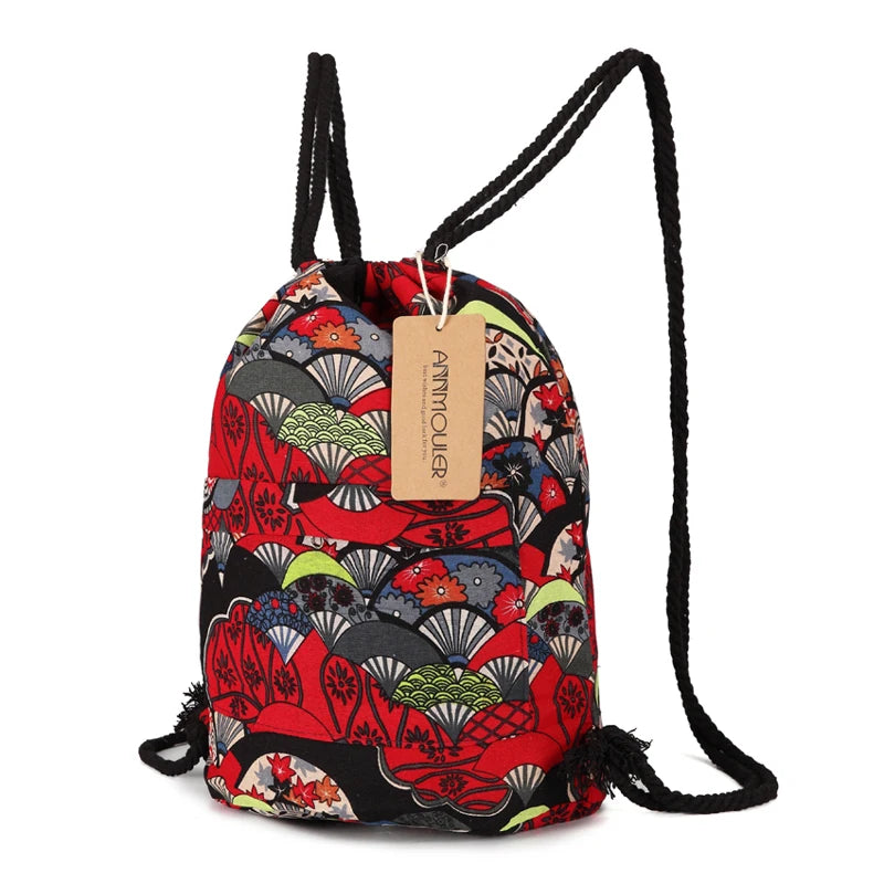 Bohemian Style Canvas Rucksack Vintage Drawstring Backpack