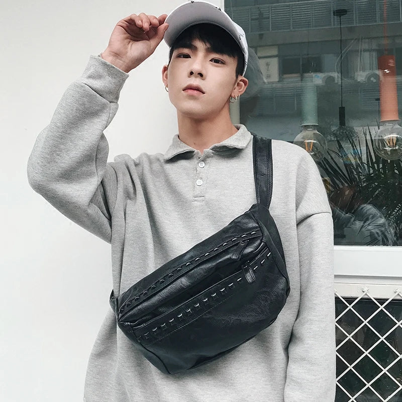 Unisex Waist Bag Fanny Pack Brown Rivet Chest Bag
