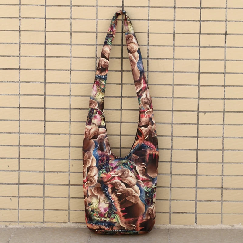 Vintage Elephant Print Hobo Bag Cotton Fabric Women Shoulder Bag