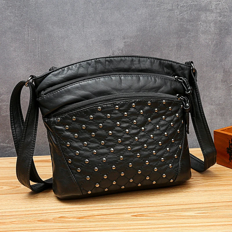 Women Crossbody Bag Rivet Messenger Bag Soft Pu Leather Shoulder Bag