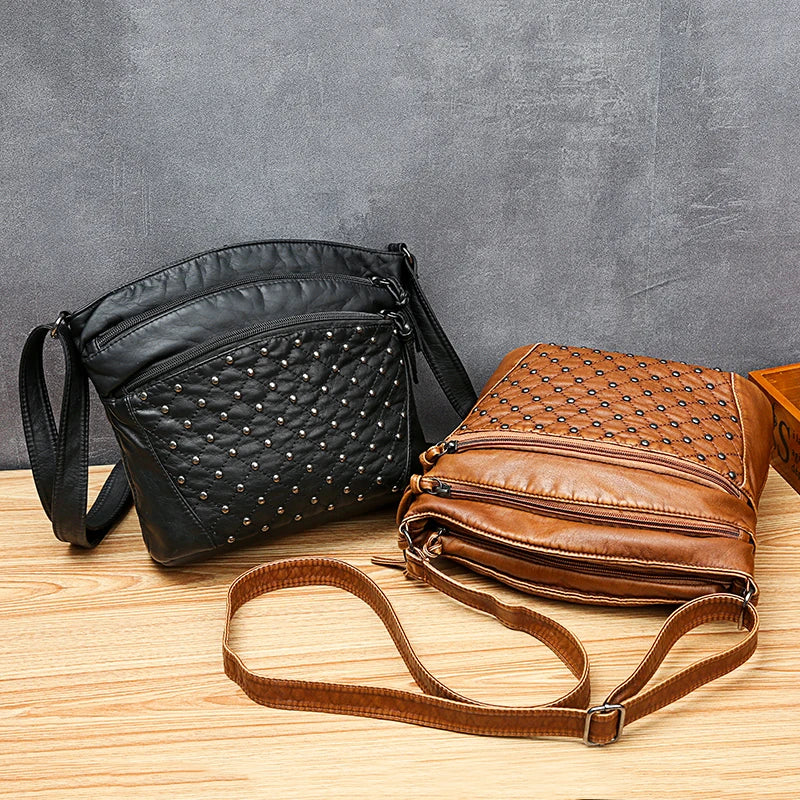 Women Crossbody Bag Rivet Messenger Bag Soft Pu Leather Shoulder Bag