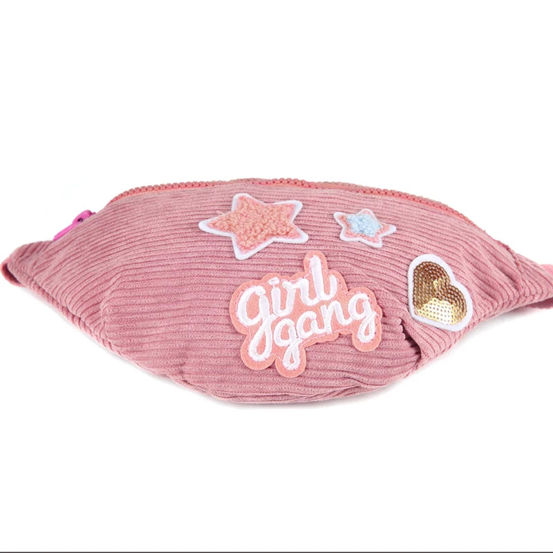 Pink Patchwork Waist Bag, Star Waist Pack Corduroy Phone Pouch