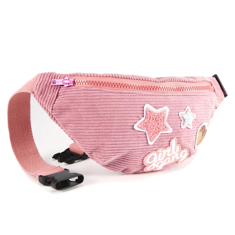 Pink Patchwork Waist Bag, Star Waist Pack Corduroy Phone Pouch