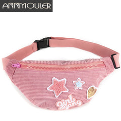 Pink Patchwork Waist Bag, Star Waist Pack Corduroy Phone Pouch