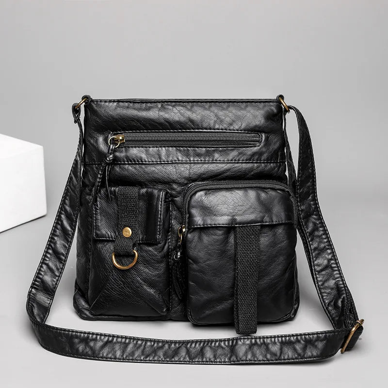 Women's Soft Leather Crossbody Bag Multi-pockets Shoulder Bag