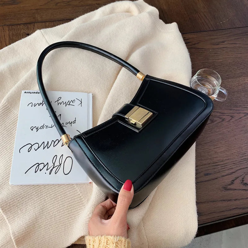 Women Shoulder Bag PU Leather Lock Flap Handbags Lady Underarm Bags