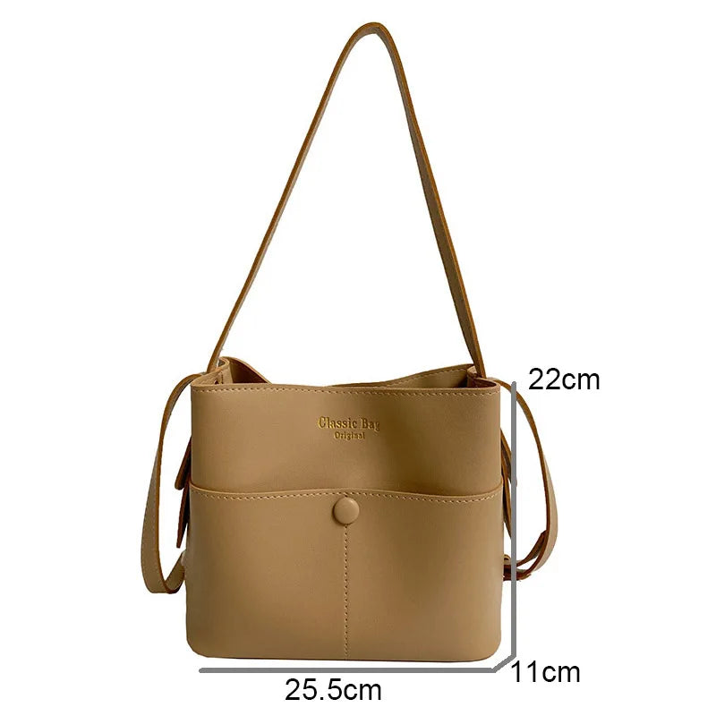 Casual Solid Bucket Women Bags Leather Crossbody Bags Lady Tote Handbags