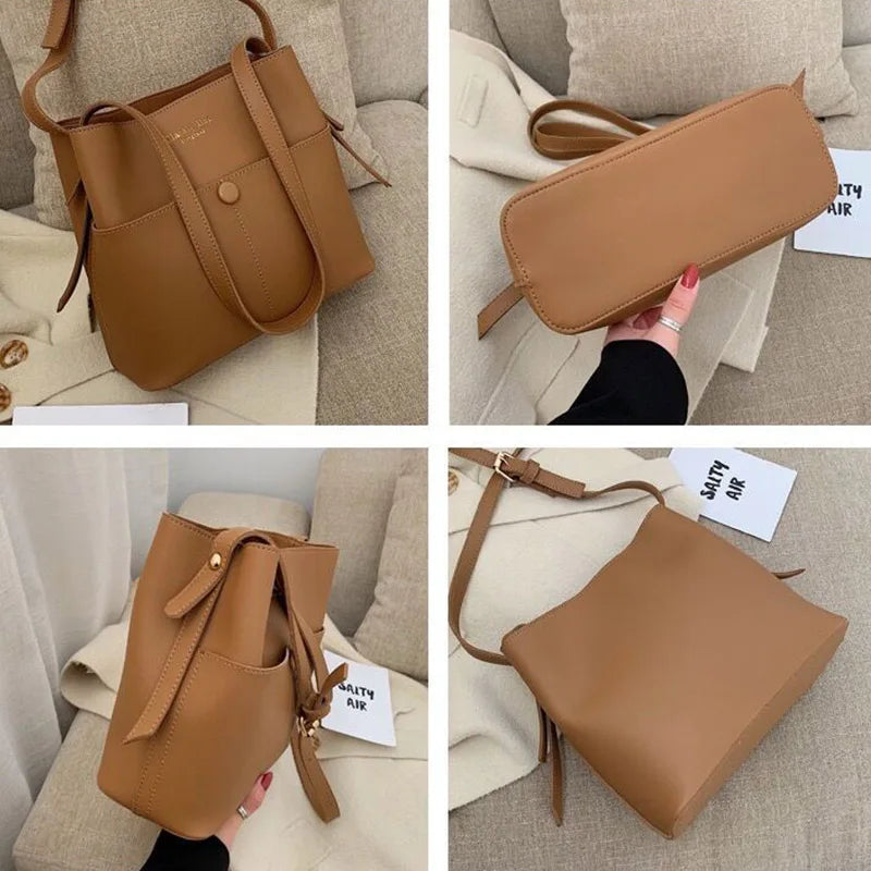 Casual Solid Bucket Women Bags Leather Crossbody Bags Lady Tote Handbags
