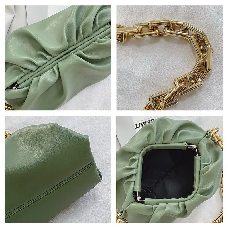 Cloud Shape Women Bag Pleated Tote Bag Thick Chain Dumpling Clip Purse Bag
