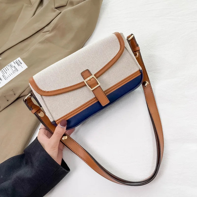 Square Bag Canvas PU Leather Patchwork Shoulder Bag Small Women Messenger Bags