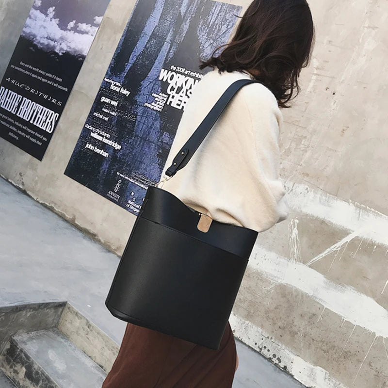 Large Capacity Women Bucket Bags PU Leather Shoulder Bags Solid Crossbody Bag