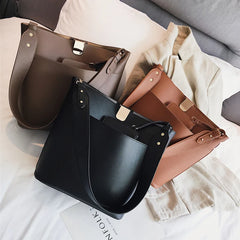 Large Capacity Women Bucket Bags PU Leather Shoulder Bags Solid Crossbody Bag