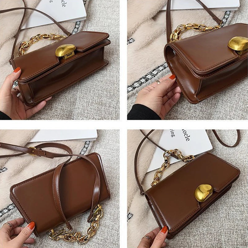 Women Lock Shoulder Bags PU Leather Crossbody Bags Solid Small Flap Bag
