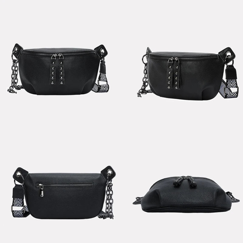Wide Strap Shoulder Bags Women Rivet Crossbody Bag Leather Bag Multifunctional
